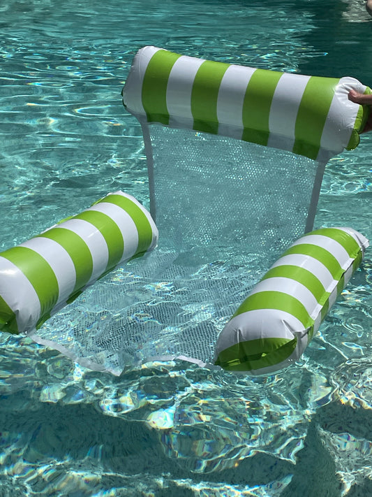 Pool Float Chair/Hammock/lounger- 3 sided inflatable with mesh- green and white stripes with mini inflator pump