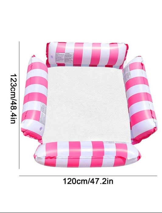 Pink and White ,4 sided inflatable, floating water hammock with mini inflator pump