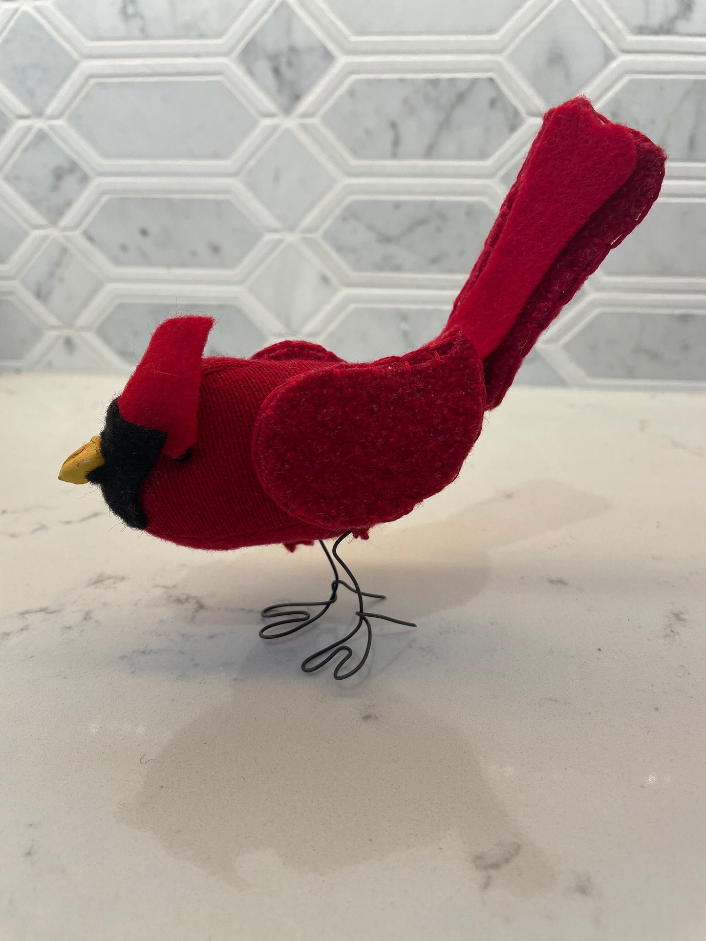 Standing Cardinal decoration hand sewn from recycled sweaters. Intricate details on this one of kind bird. Wings move. 6x5 inches tall.