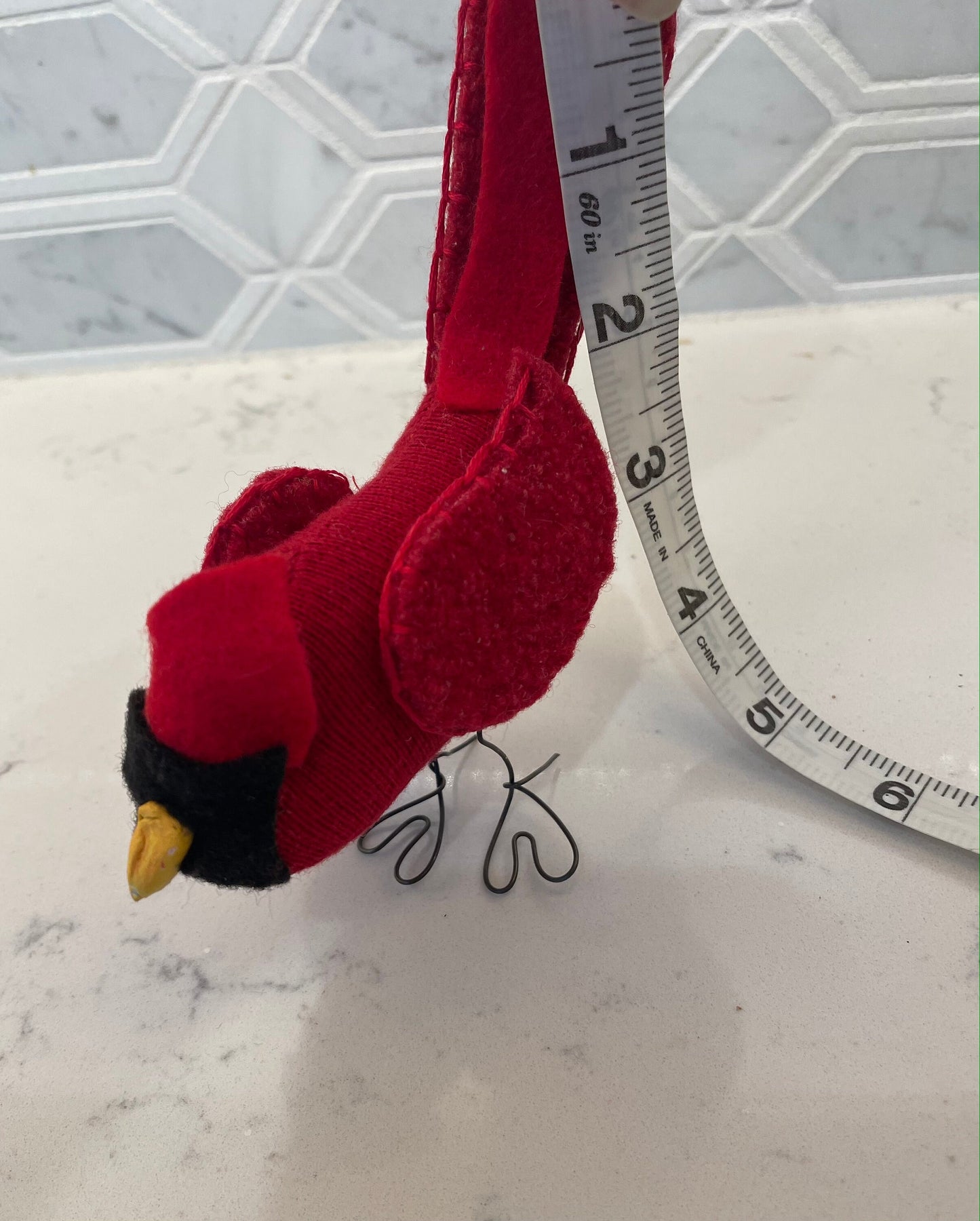 Standing Cardinal decoration hand sewn from recycled sweaters. Intricate details on this one of kind bird. Wings move. 6x5 inches tall.