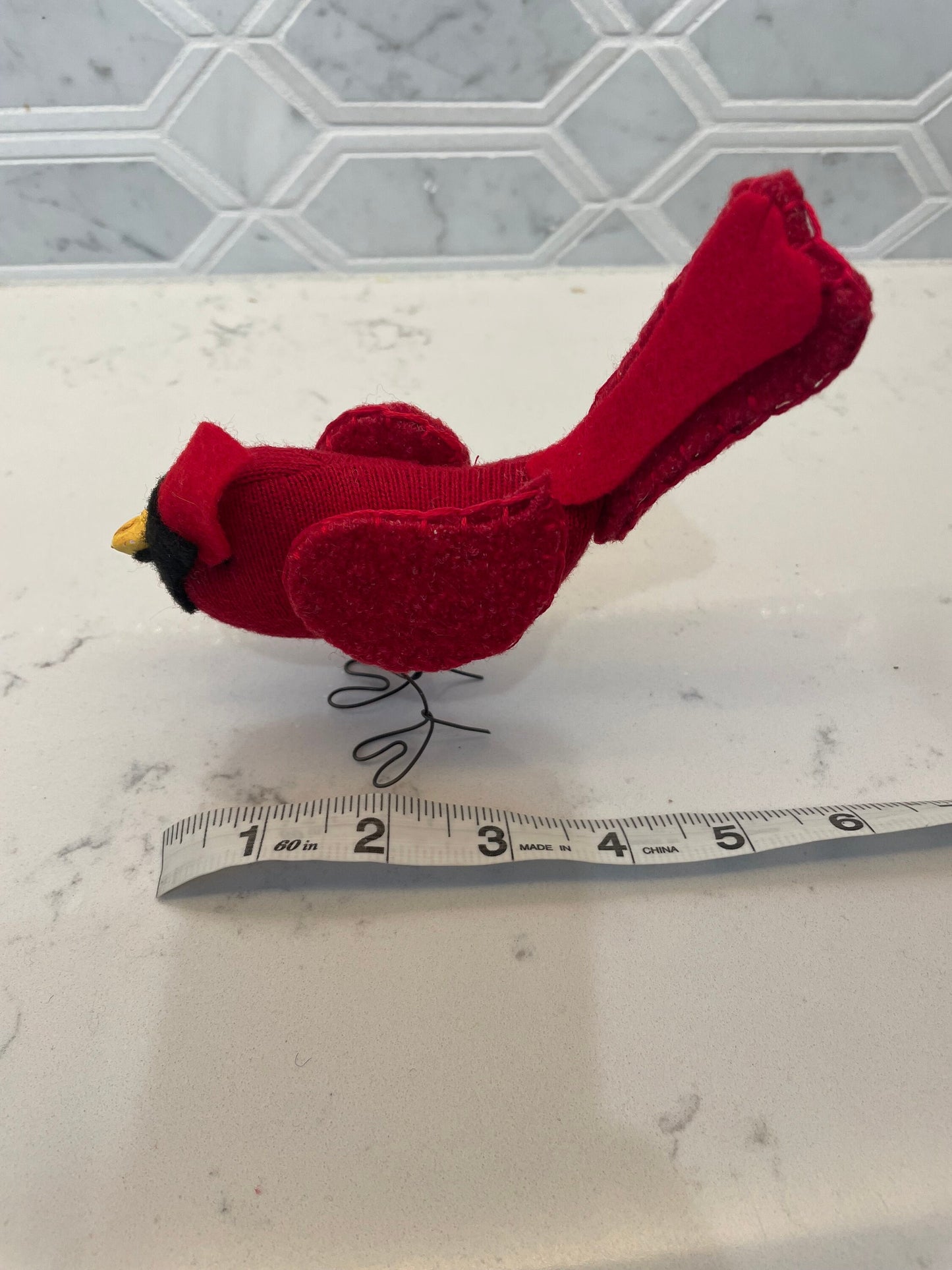 Standing Cardinal decoration hand sewn from recycled sweaters. Intricate details on this one of kind bird. Wings move. 6x5 inches tall.