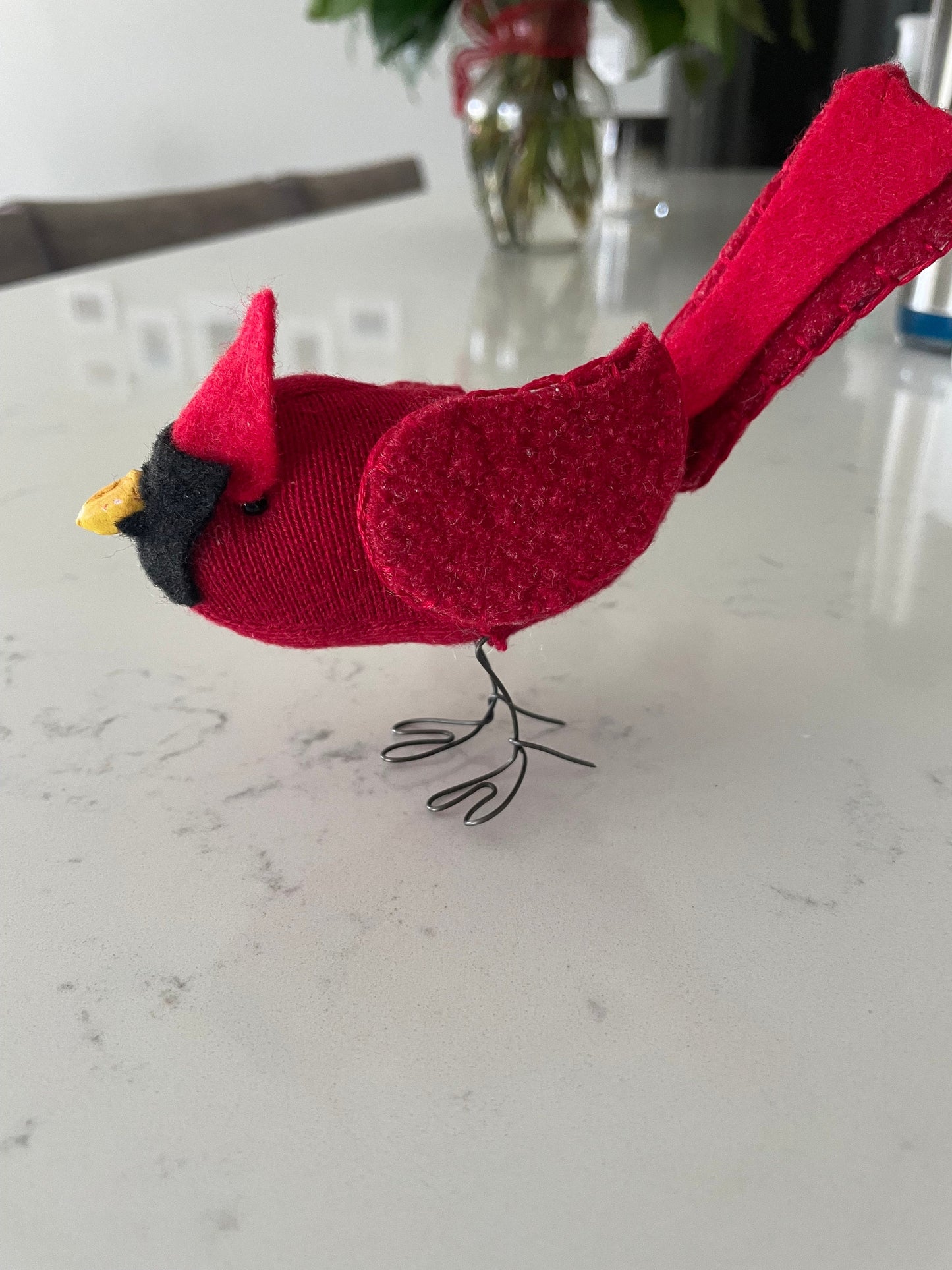 Standing Cardinal decoration hand sewn from recycled sweaters. Intricate details on this one of kind bird. Wings move. 6x5 inches tall.