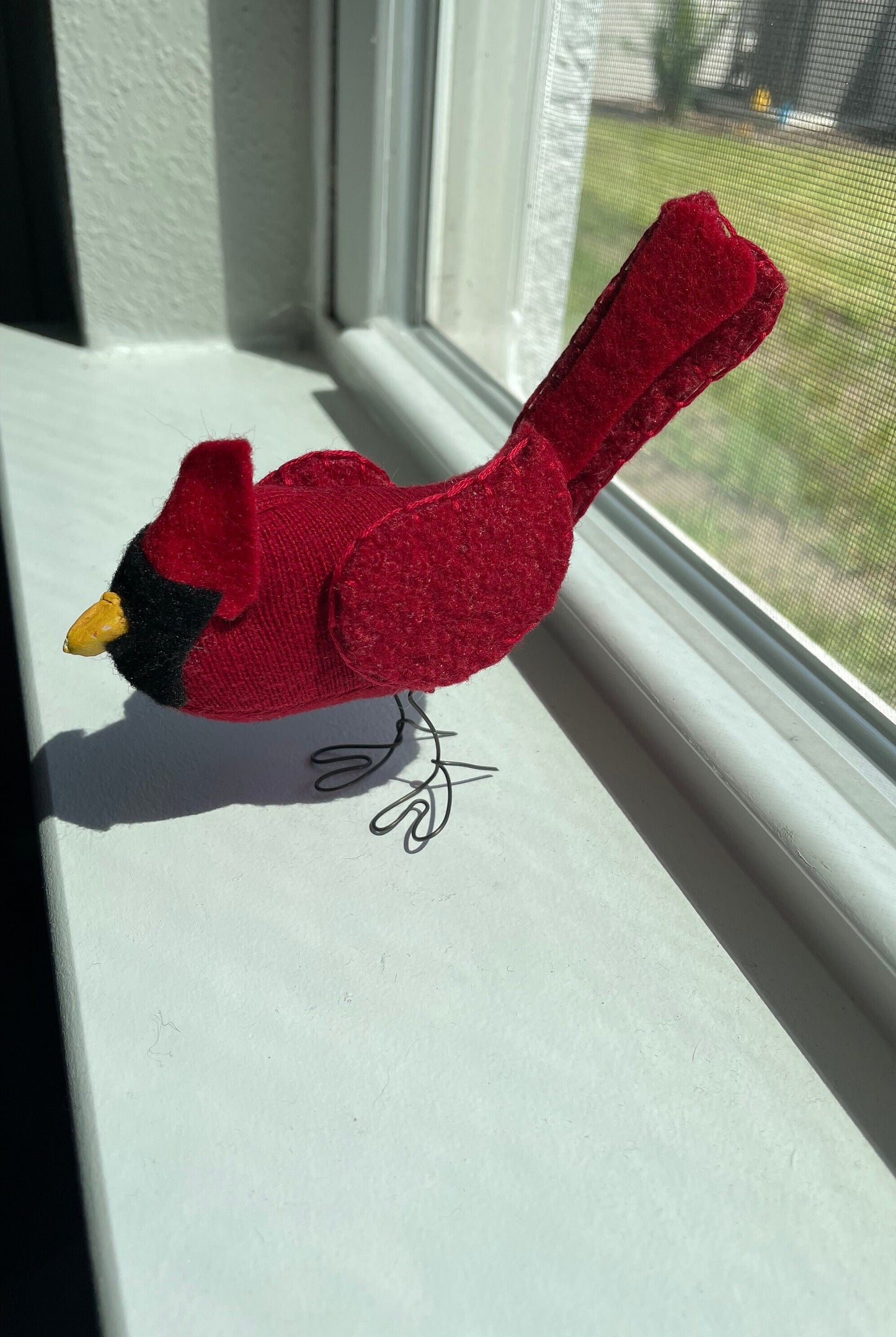 Standing Cardinal decoration hand sewn from recycled sweaters. Intricate details on this one of kind bird. Wings move. 6x5 inches tall.