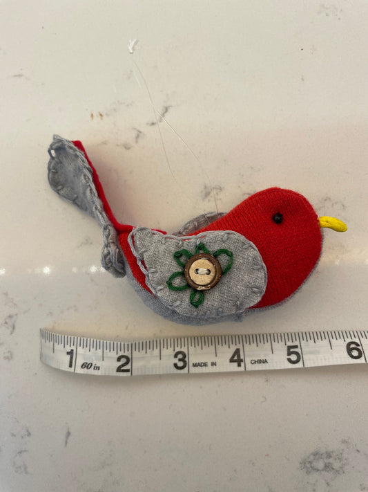 Buckeye bird (Red & Gray)ornament with a hand sewn buckeye on wings.Hang anywhere or sit on a shelf. It is said buckeyes are good-luck!