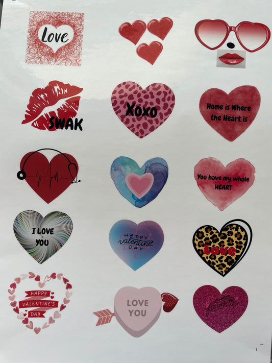 Heart/Love Stickers by the sheet. Full 8.5 x 11  heavy vinyl sets to cut as you wish. A fun/healthy option for kids parties or treat bags.