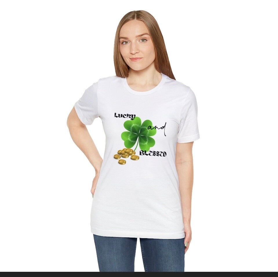 St Pattys Day Tshirt Lucky and Blessed Green Shamrock Unisex Shirt Short Sleeve Irish Swag T Shirt for Her or Him St Patricks Day Tee Shirt