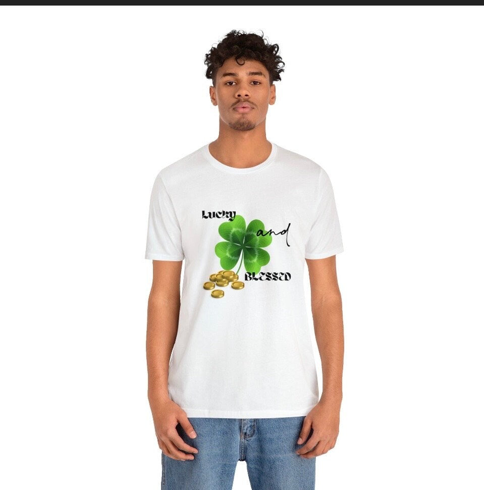 St Pattys Day Tshirt Lucky and Blessed Green Shamrock Unisex Shirt Short Sleeve Irish Swag T Shirt for Her or Him St Patricks Day Tee Shirt